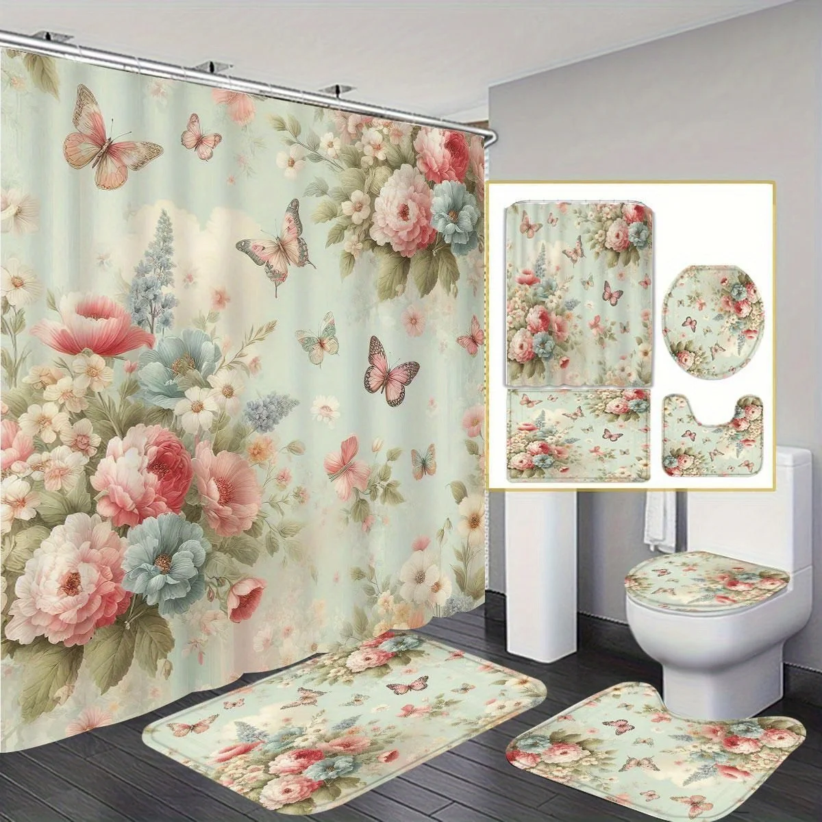 

Декор для ванной комнаты с цветочной и клетчатой тематикой, можно стирать в машине, занавеска для душа, нескользящий коврик для ванной и U-образный коврик, сиденье для унитаза