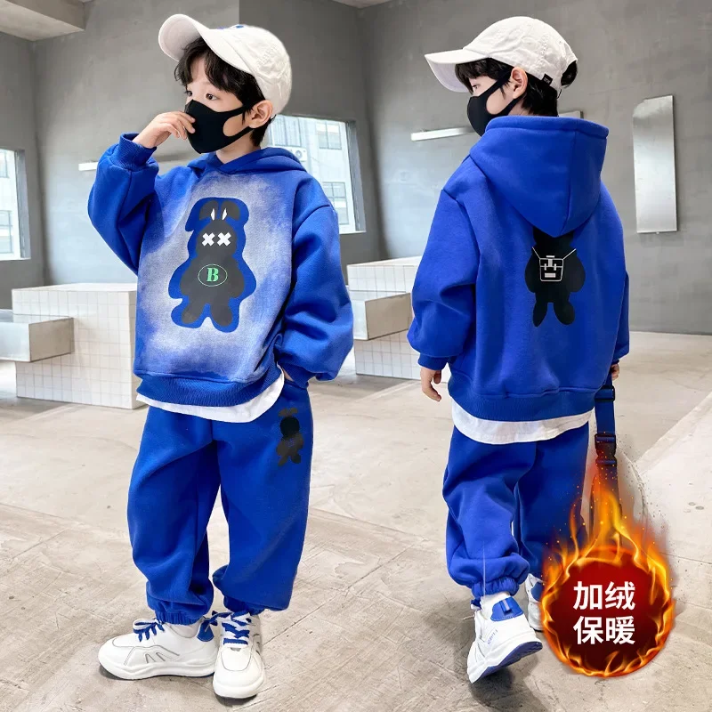 

Boys' winter plus fleece sweater suit new children's clothing autumn and winter children's cartoon hooded children's 2-piece set