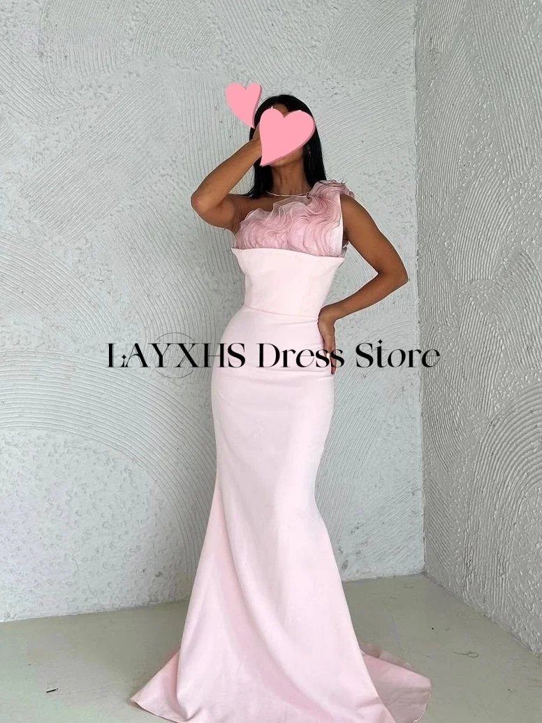 LAYXHS Mode Roze Zeemeermin Avondjurken One-Shoulder Gelaagde Ruche Mouwloze Galajurk Aangepaste فسات Ajo