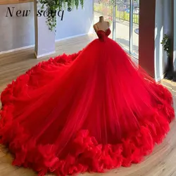 Charming Red Ruffles Ball Gown Evening Dresses with Big Train Princess Spaghetti Strap Puffy Sweet 16 Photography Prom Gowns