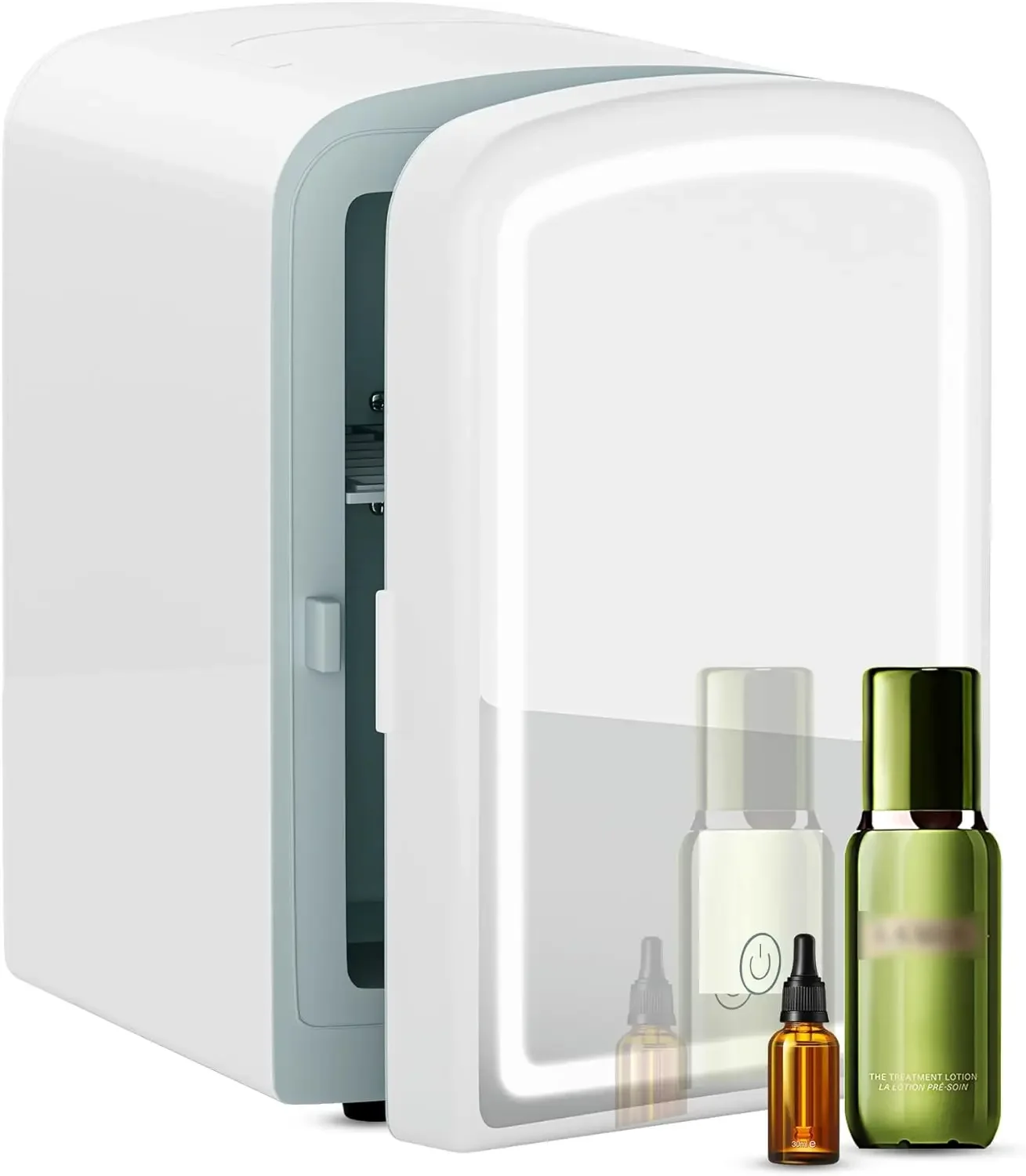 Mini Hot or Cold Personal Beauty Refrigerator with Dimmable Mirror, 4 Liter Small Fridge for Skin Care in Bedroom, Office, or Do