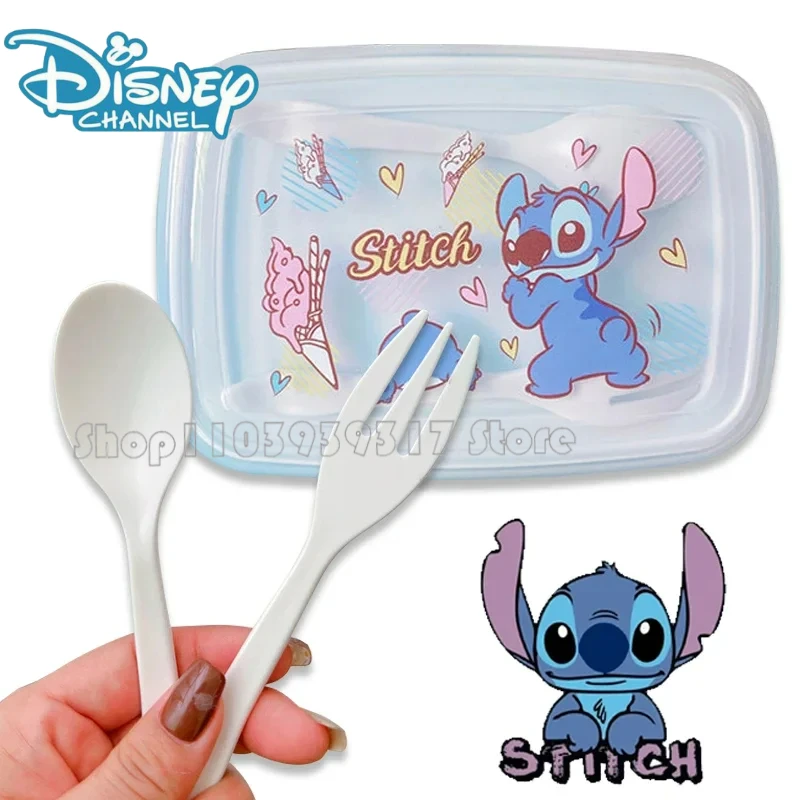 Disney Stitch Lunch Box Microwavable Cartoon Print Portable Children's Lunch Food Storage Crisper Spoon Fork Adult Bento Box