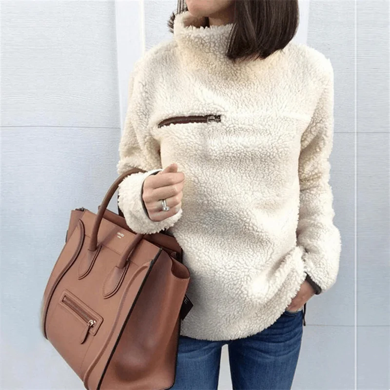 

Women Sweatshirts Autumn Winter Top Long Sleeve Plush Warm Pullover Tunic Female Pink Ladies Clothing Zipper Streetwear