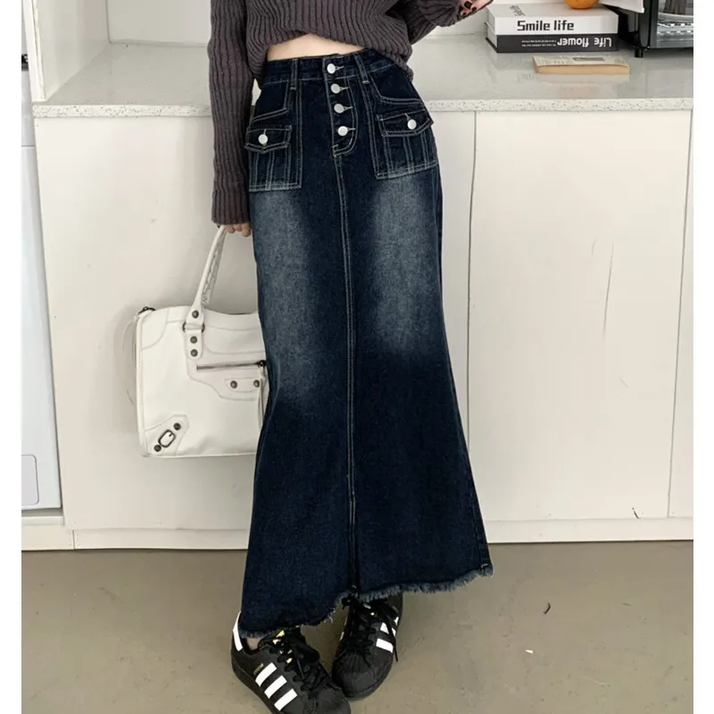 

Vintage Long Denim Skirt Women Streetwear Buttons Pocket Bleached A-Line Jean Skirt q570