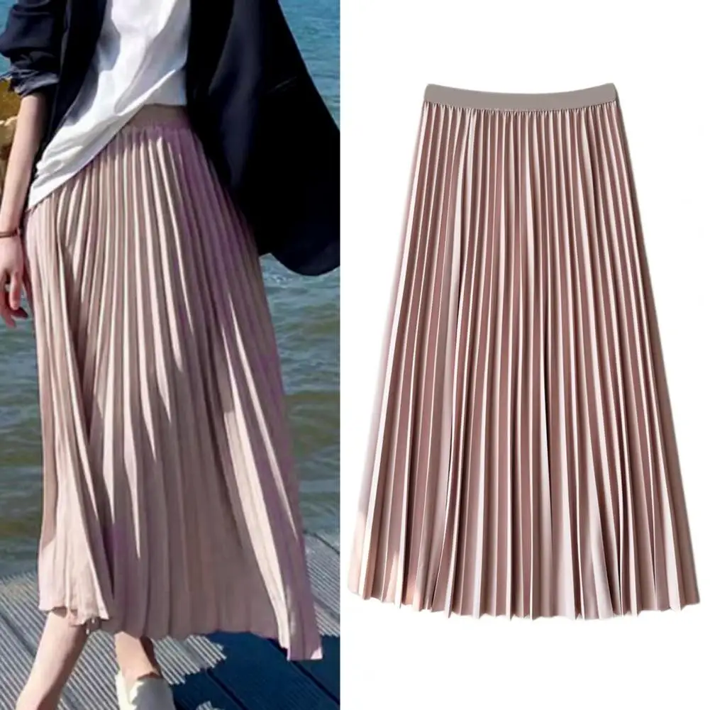 

Women Pleated Skirt Elastic High Waist Pleated Skirt for Women Solid Color A-line Midi Skirt Casual Loose Fit Mid-length