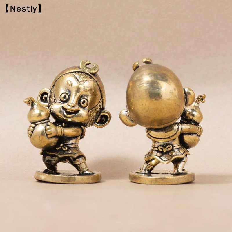 Retro Exquisite Brass Cartoon Sun Wukong Hug Gourd Figurine Home Desktop Decoration Ornaments Gift〔Nest〕