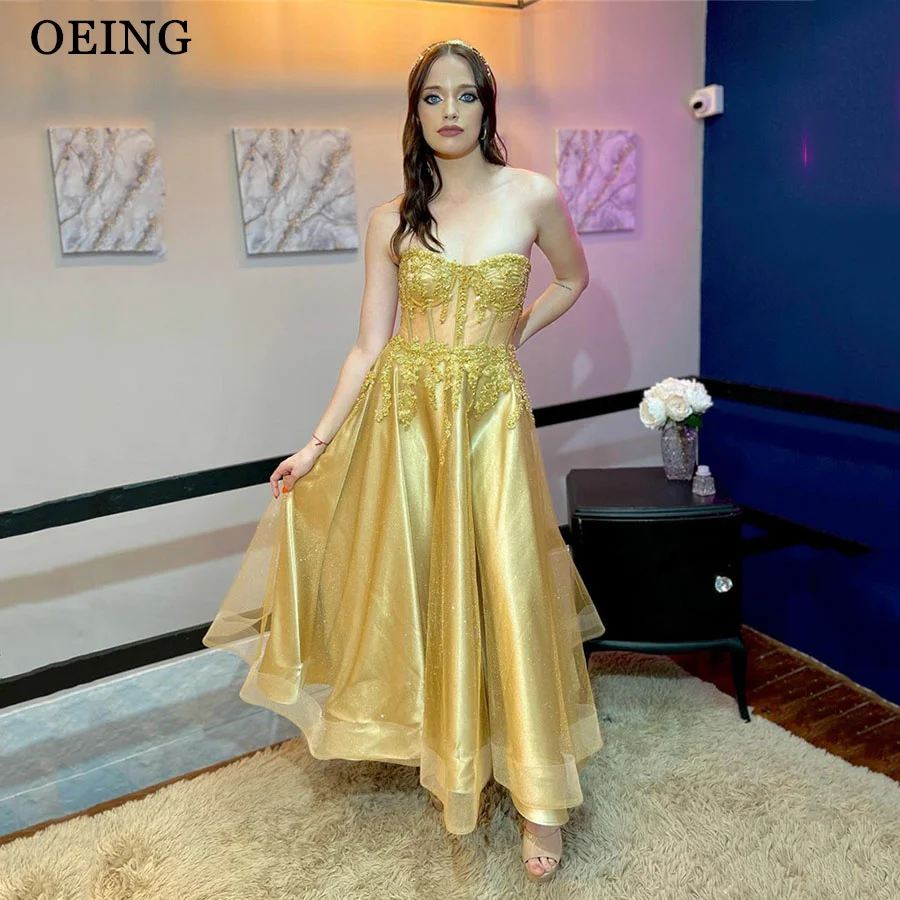 

OEING Sparkly Gold A Line Prom Dresses Elegant Strapless Appliques Ankle Length Evening Gowns Shiny Wedding Party Dress Event