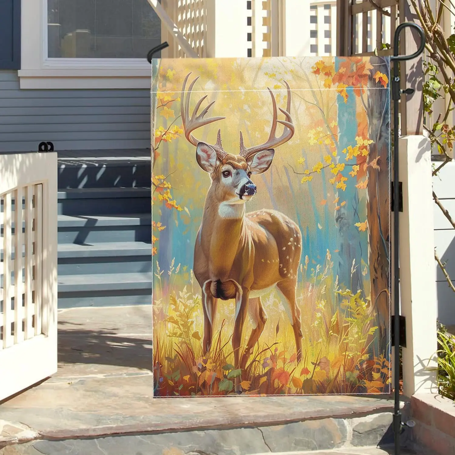 Fall Wild Deer Garden Flags 12x18 Inch Double Sided for Outside, Autumn Forest Scene Standard Vertical Canvas House Flags, Water