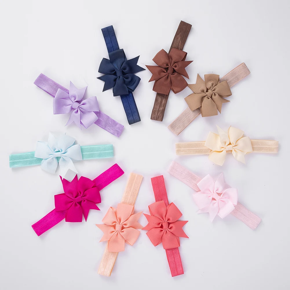 Colorful Ribbon Bow Headbands for Baby Girls Neborn Stretch Wide Elastic Hair Bands Pinwheel Headwras Solid Kids Headwear