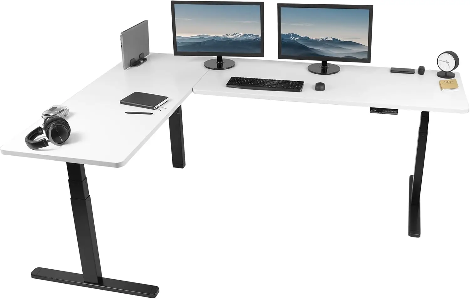 

Electric Height Adjustable 83 x 60 inch Corner Stand Up Desk 2 White Dry Erase Solid Table Tops Black Frame