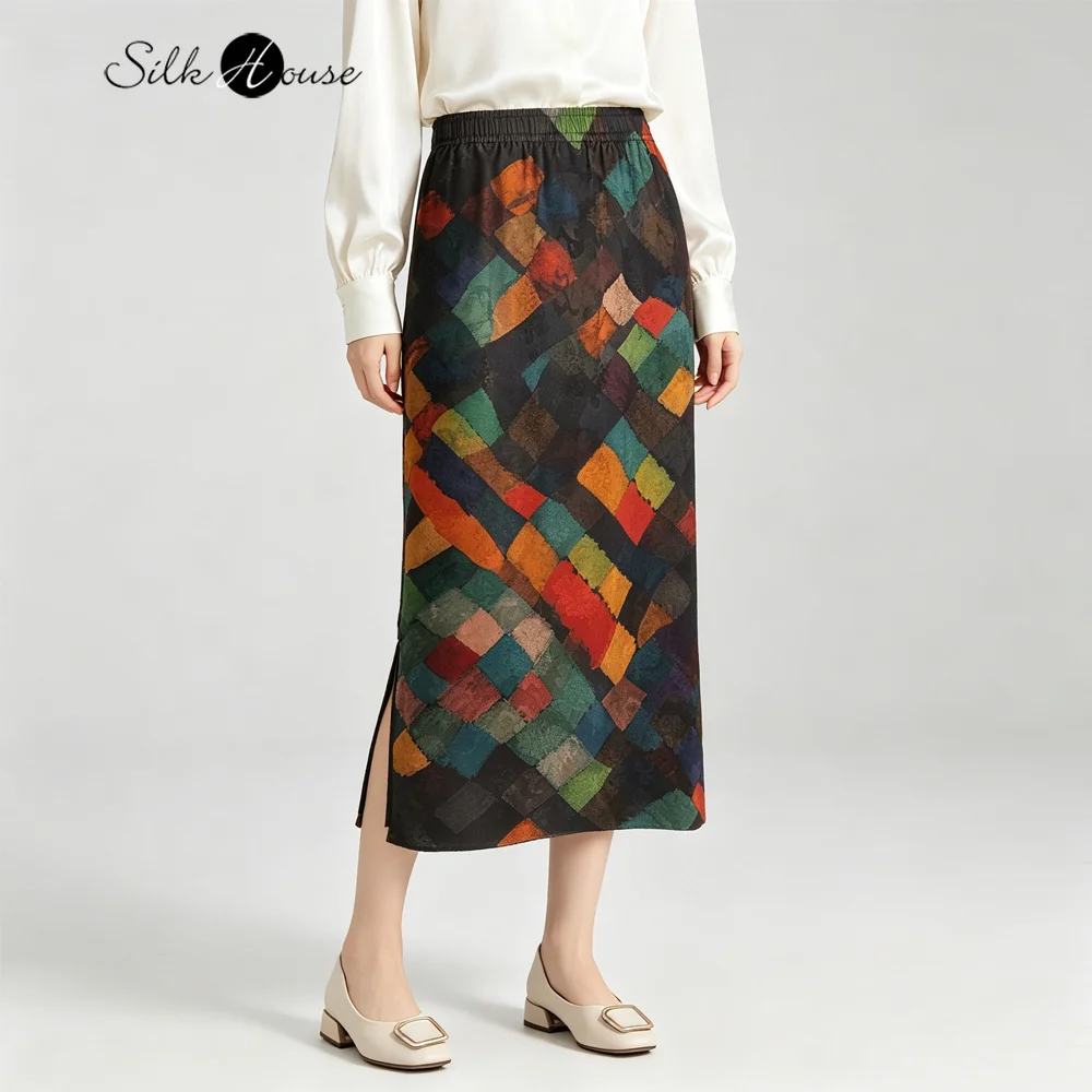 

2026 Women's Fashion Summer Clothing 100% Natural Mulberry Silk Gambiered Guangdong Gauze Elastic Waist Printed Skirt