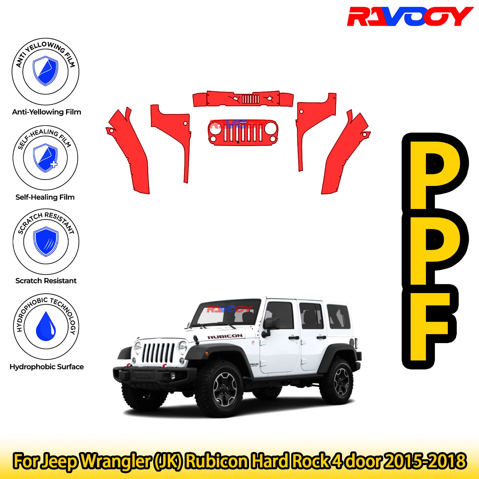 

For Jeep Wrangler (JK) Rubicon Hard Rock 4 door 2015-2018 Glossy Matte Black Precut front PPF Kit Paint Protection Film