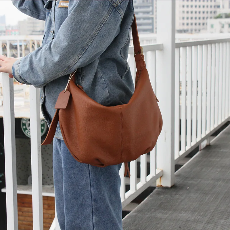 New Hobos Bag Casual Genuine Leather Women\'s Bags Large Capacity Tote Bag 2024 Trendy Soft Cowhide Single Shoulder Crossbody Bag