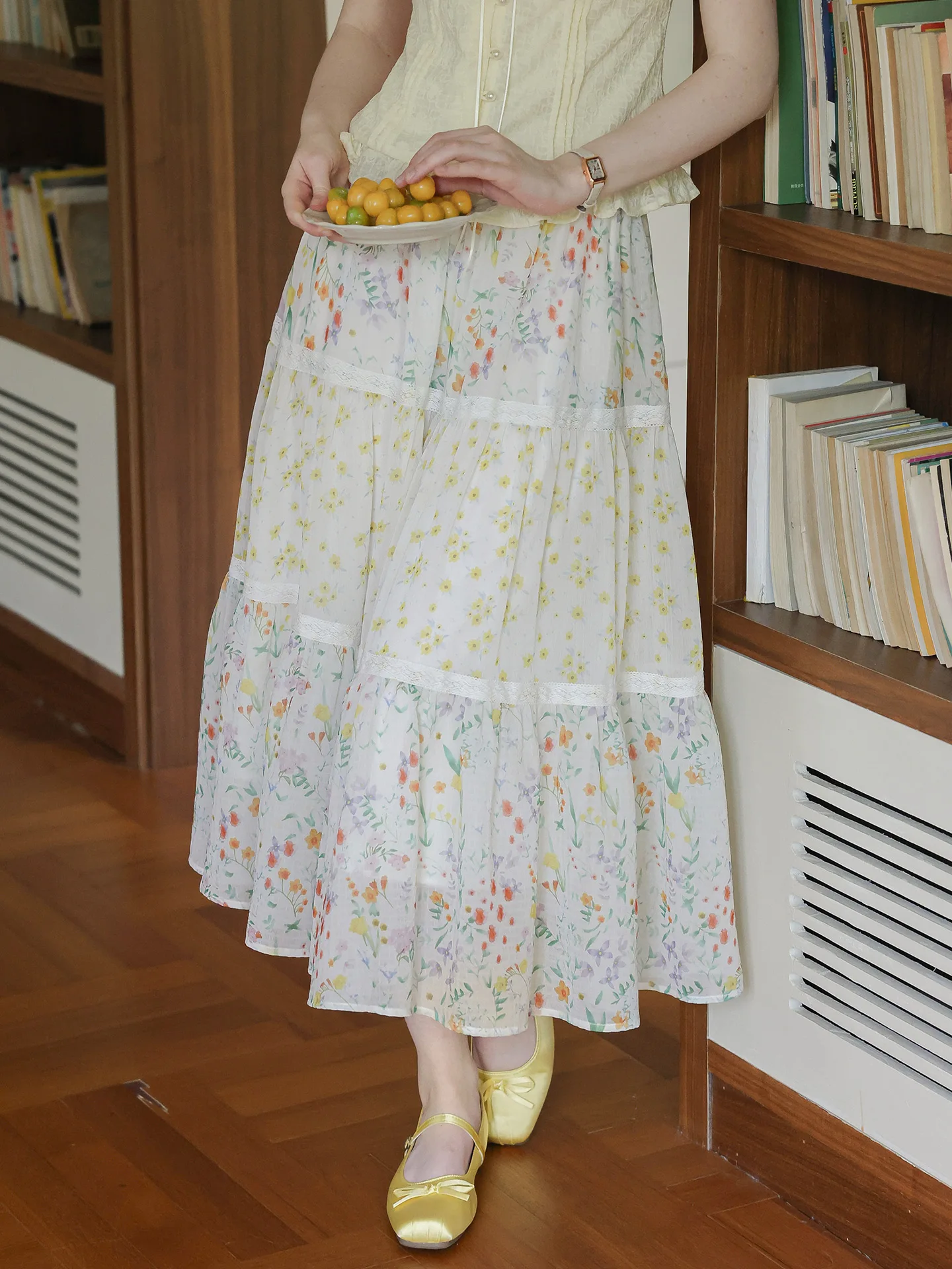 High Waist Floral Cake Half Skirt Midi Length Splice Fairy Skirt Breathable Skin-Friendly Commute Style Standard Fit A-Line S...