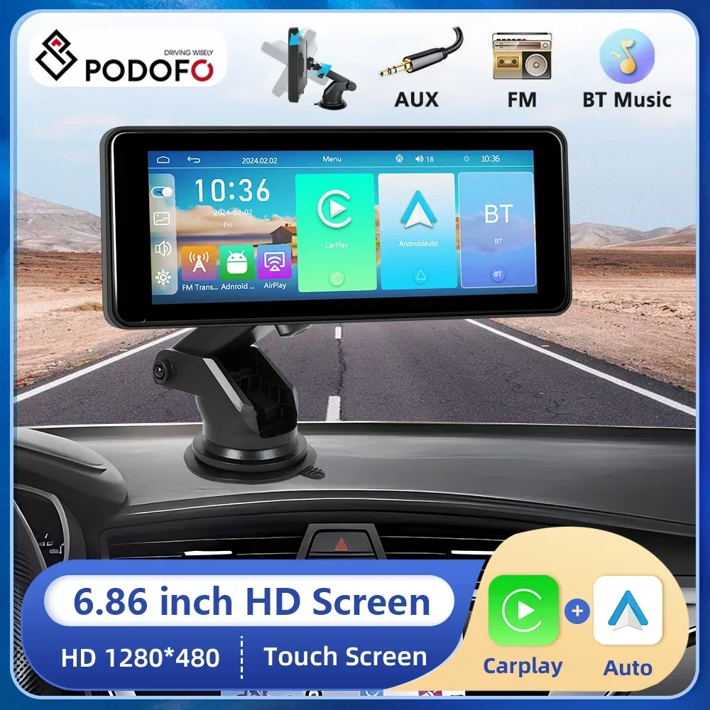 Podofo 6.86” CarPlay Monitor Car Carplay Android auto Screen Portable Smart Player Bluetooth Music FM EQ Dashboard Monitor