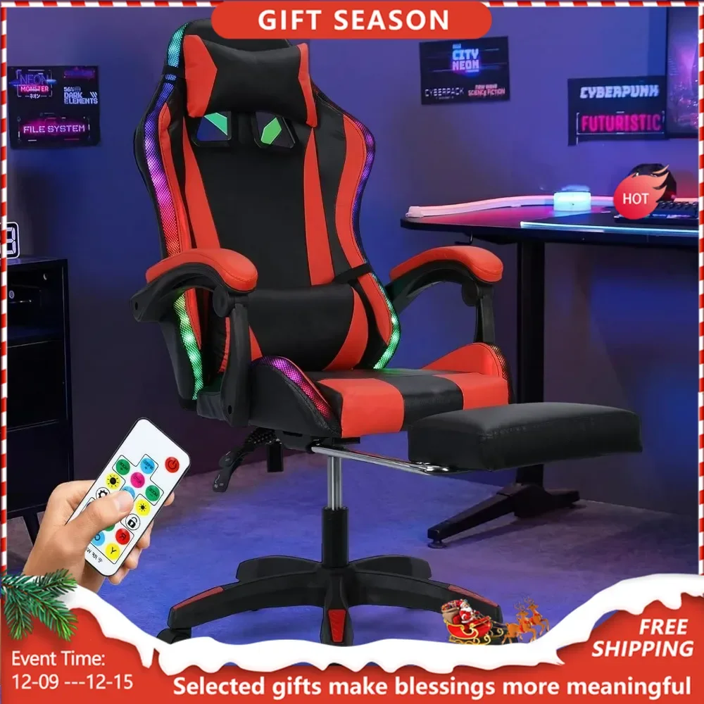 Gaming Chair Massage w Bluetooth Speakers RGB LED Lights,Ergonomic,Footrest,Height Adjustable Adults w Back Lumbar Support Red