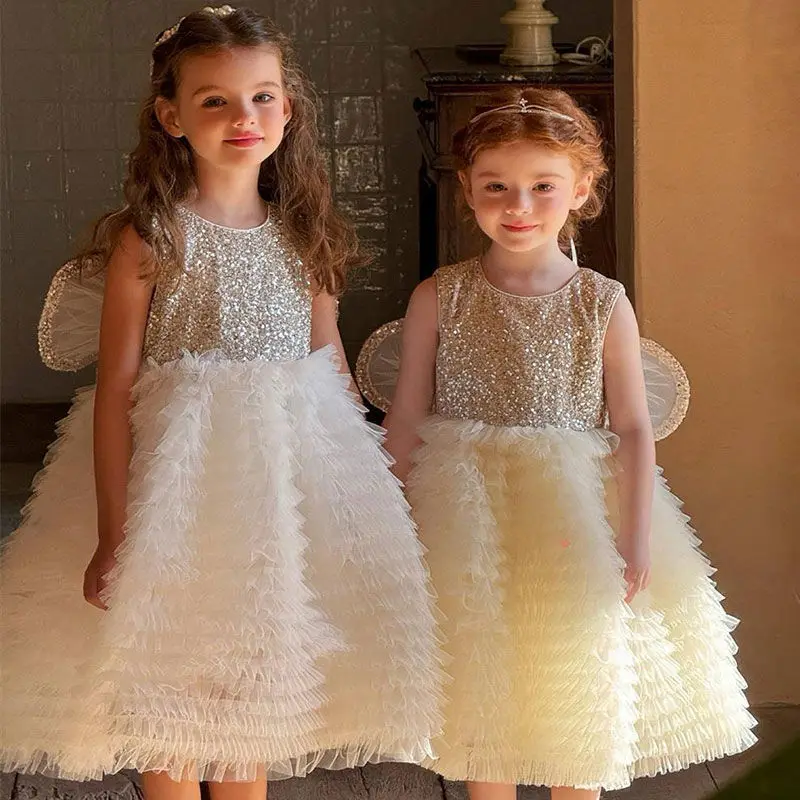 

Children's Dresses Luxury Parties With Wings Gala Gown Kids Girls Clothes Evening Satin Flower Sequins Beading Princess Dress