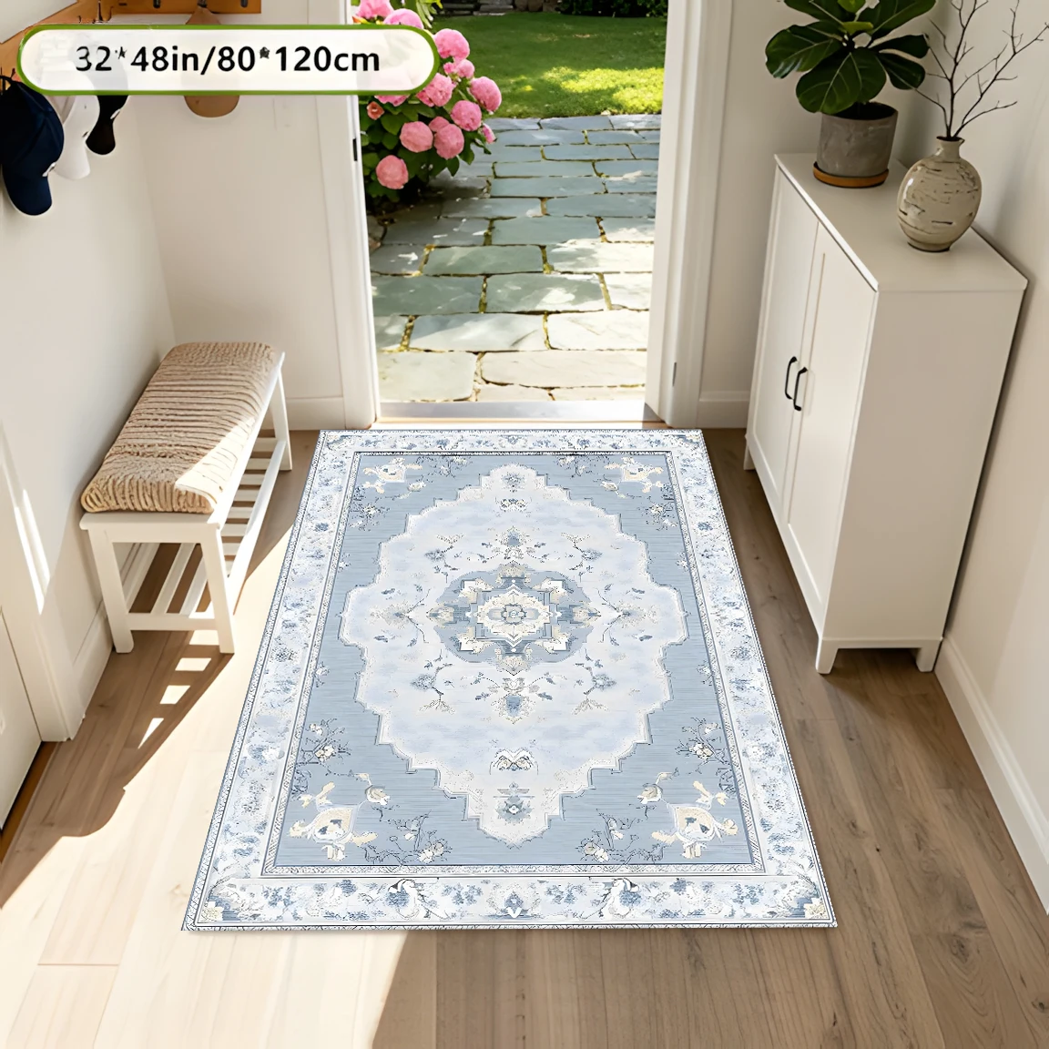 2D Large Carpet, Light Blue, European Symmetrical Pattern, Light Luxury French Style, Suitable for Living Room and Bedroom, One-Click to Refresh Autumn and Winter Decorations