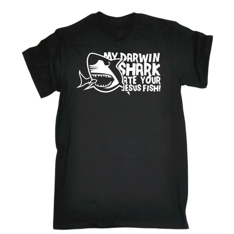 Maglietta Da Uomo My Darwin Shark Ate Your Jesus Fish Scherzo Divertente Ateo Umorismo-image