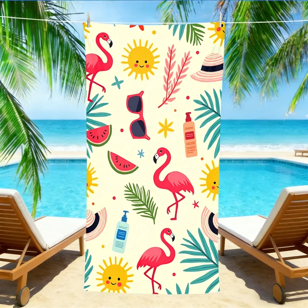 Cute Flamingo Summer Beach Towel – Oversized Quick Dry Sand Free with Sun & Watermelon Print