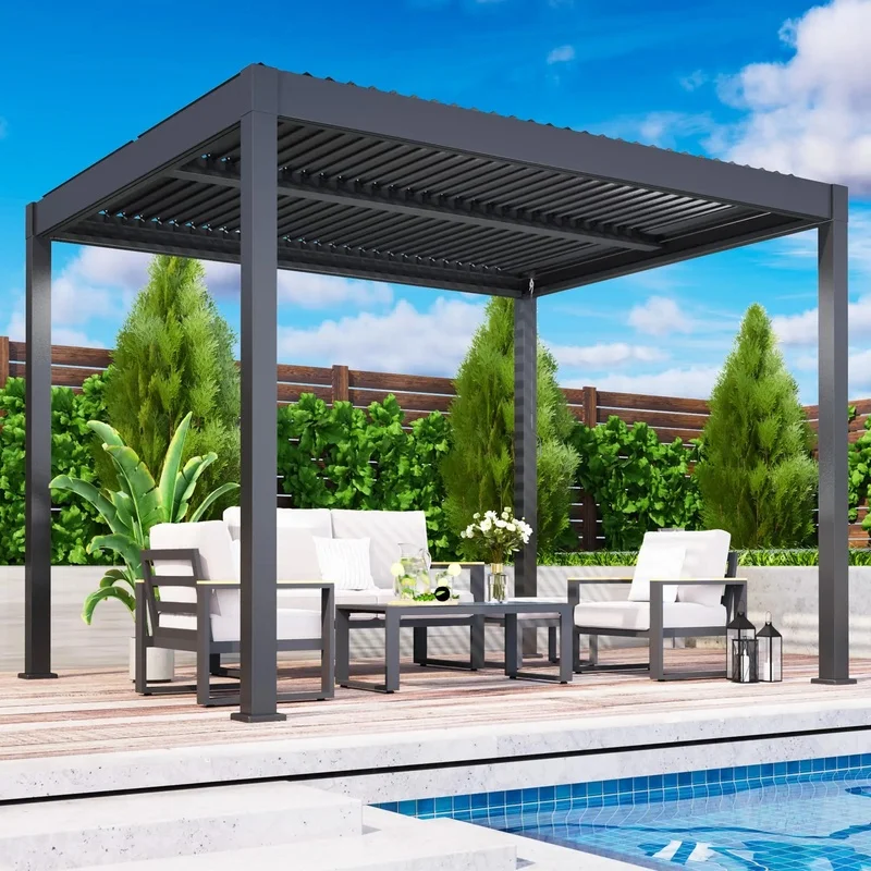 Pergola Solid Gardenline Design 10x12 Aluminum Construction Fixed Roof System All Weather Balcony Use LED Lighting