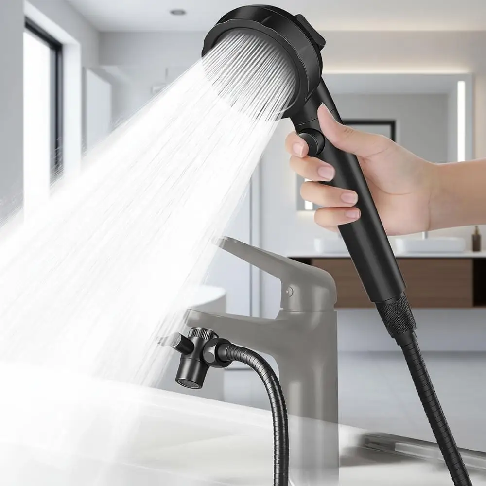 

Universal Hose Nozzle with 5 Attachments, Tub Faucet Sprayer, 3-Mode Showerhead with ON/OFF Switch, Filtered Shower Head in Matt