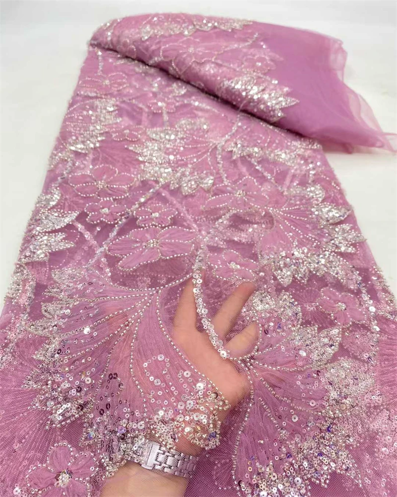 African Luxury Beaded Sequins French Tulle Lace Groom Embroidery High-End Wedding Fabric for Sewing Latest Style