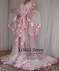 Long Dress For Women Lace with Silk Sexy Pink Bathrobe Christmas Ceremony Robe Patchwork Boudoir Party Photoshoot Dresses