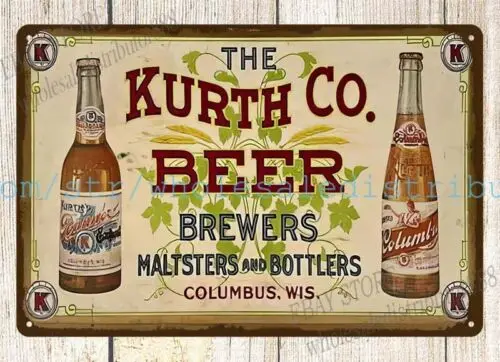 Kurth Beer Columbus Wisconsin, letrero de metal de estaño, placas para exteriores, decoración del hogar