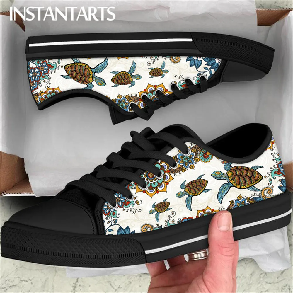 INSTANTARTS Vintage Sea Turtle Mandala Printed Flat Shoes Brand Designer Women's Vulcanized Shoes Canvas Low Top Sneakers Gifts