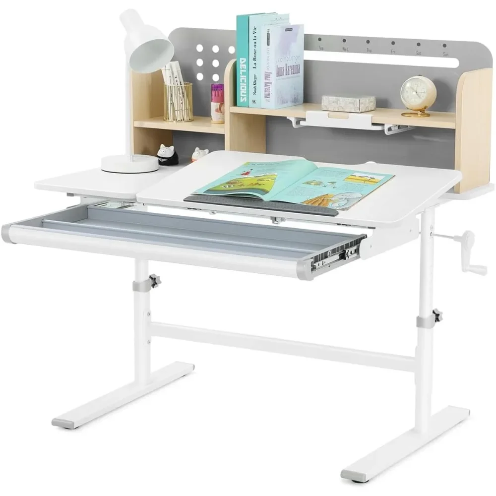 39in Wide Adjustable Height Kids Desk with Tilting Desktop, Steel Frame, Drawer, and Bookshelf Hutch, Study Child Table