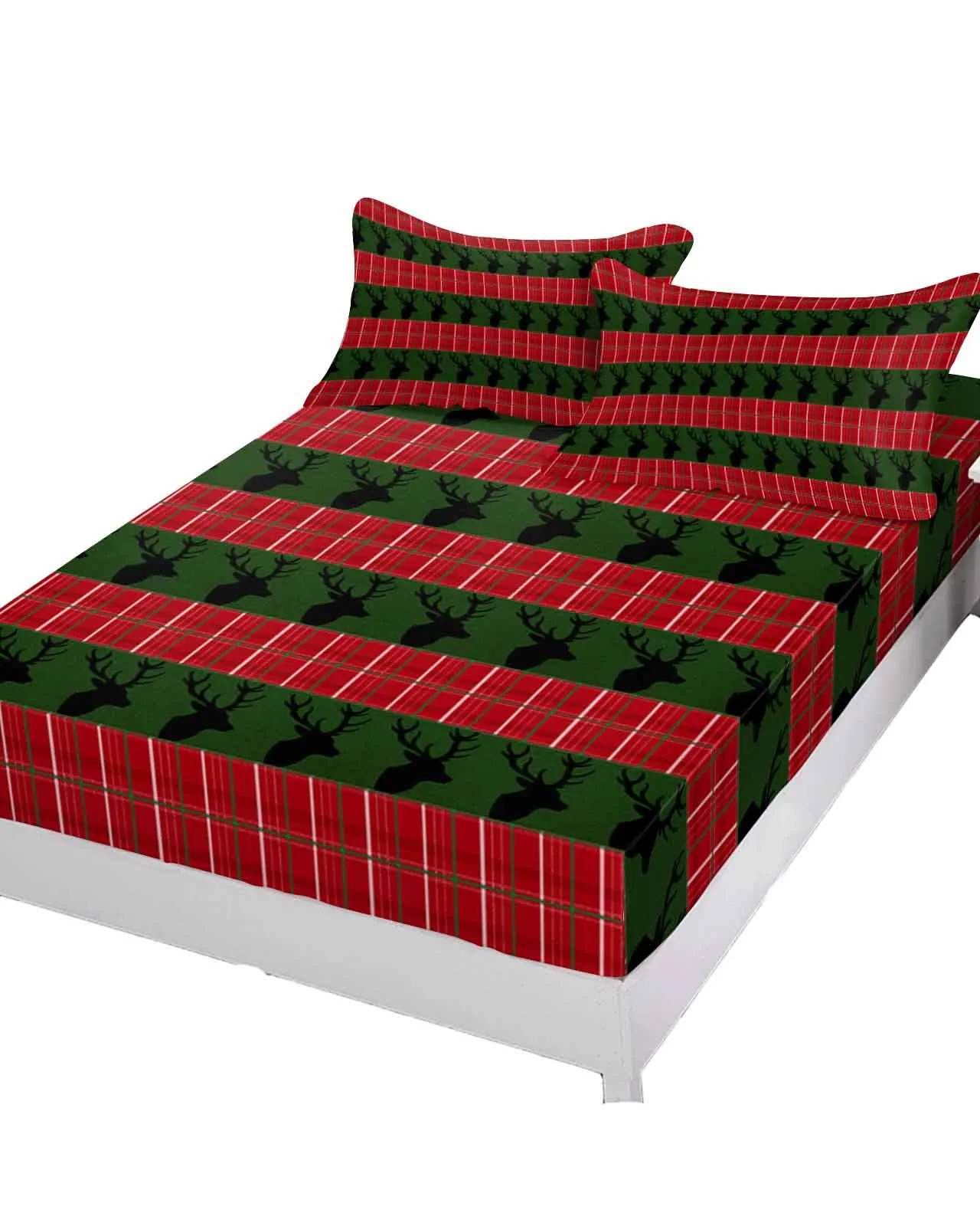 Plaid Lace Christmas Reindeer Queen Size Bed Mattress Fitted sheet Elastic Rubber Band Non-slip Bed Sheet Pillowcase Set