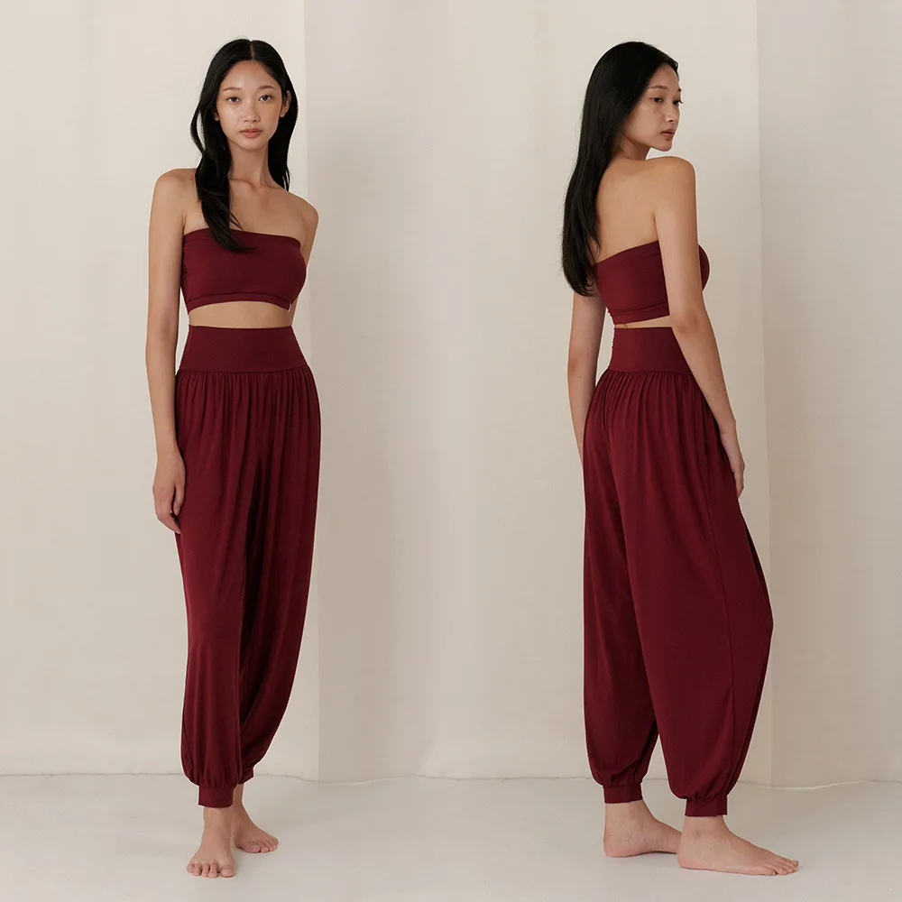 Women's 2 Piece Yoga Outfits Stretchy Sport Strapless with Pad Elegant High Waist Long Pants Sets Casual Solid Athletic Clothes