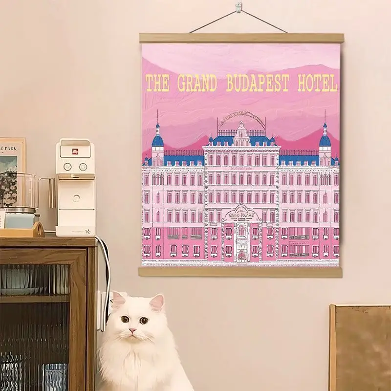 VIKAMA Wall Tapestry Pink Retro Hotel Building Illustration Moon Star Aesthetic Art Print Wall Hanging Home Decor Living Room