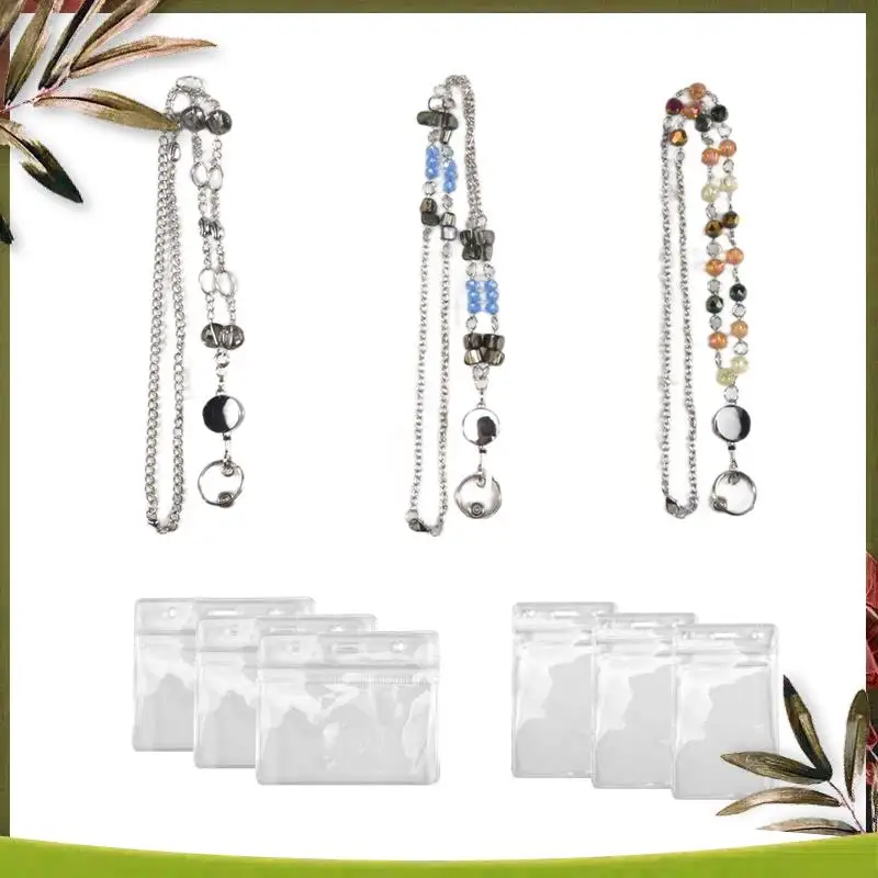 New-3 Pcs Retractable Badge Reels Lanyard With Name Card ID Holder For Women Fashion Beaded Badge Lanyard Necklace