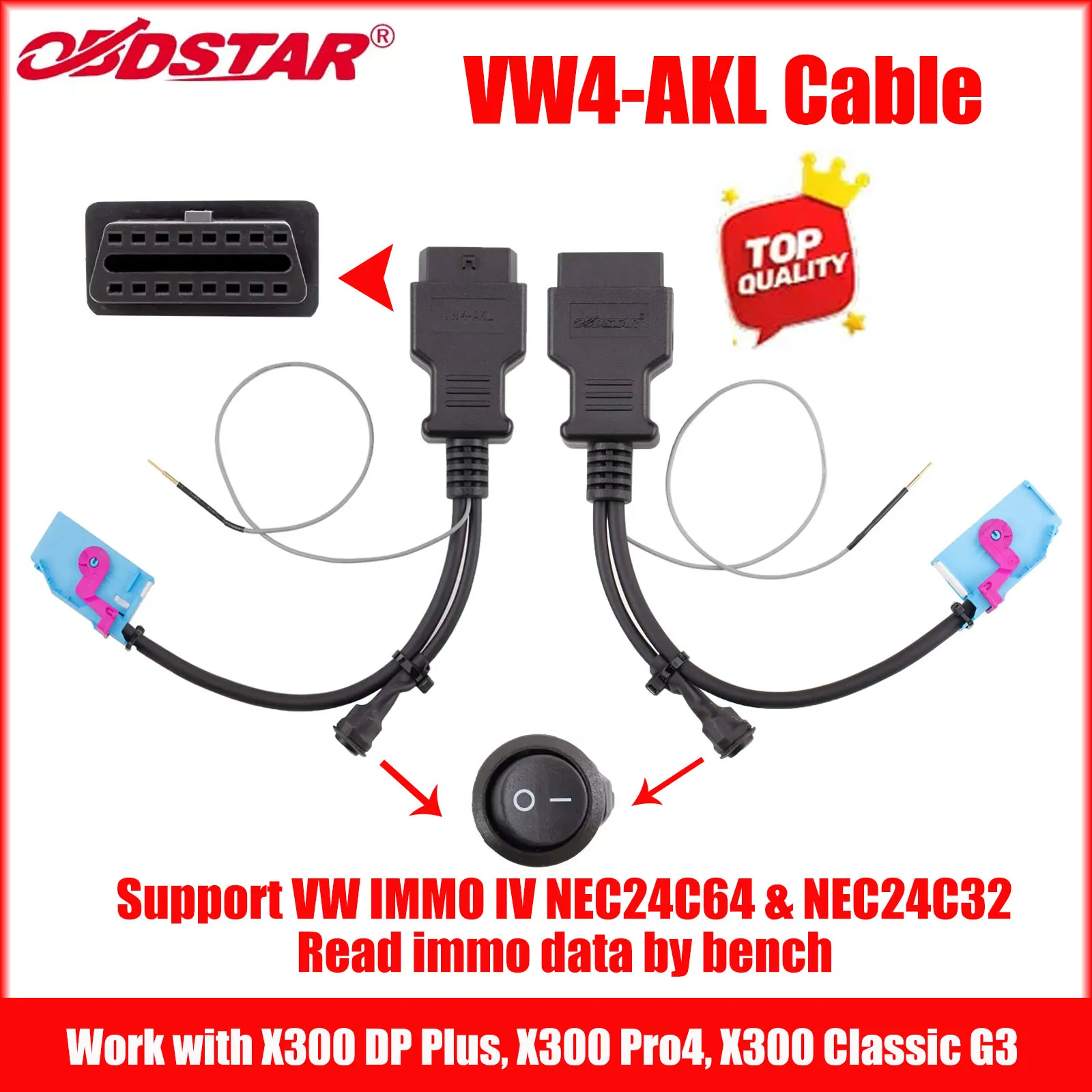 OBDSTAR for VW4-AKL Cable For VW IMMO IV NEC24C64 and NEC24C32 All Keys Lost Work with X300 Classic G3/ X300 DP Plus/ X300 Pro4
