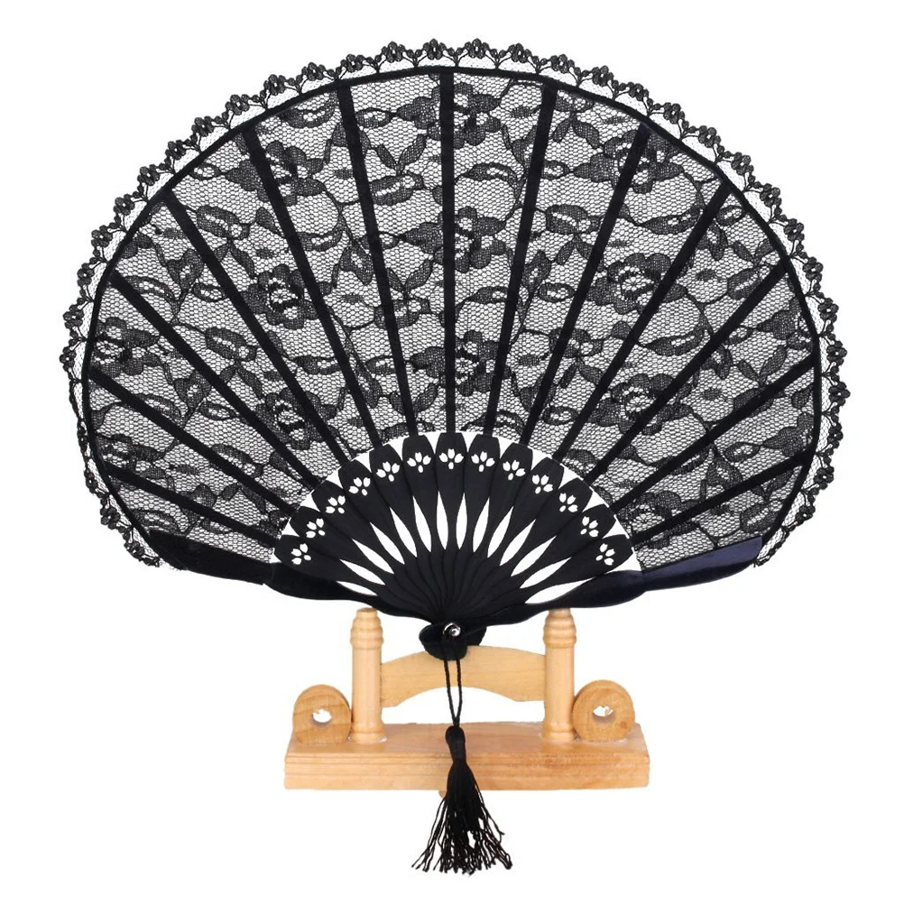 

Elegant Lace Bamboo Folding Fan For Women Traditional Japanese Kimono Cosplay Wedding Party Decoration Gift Black Color