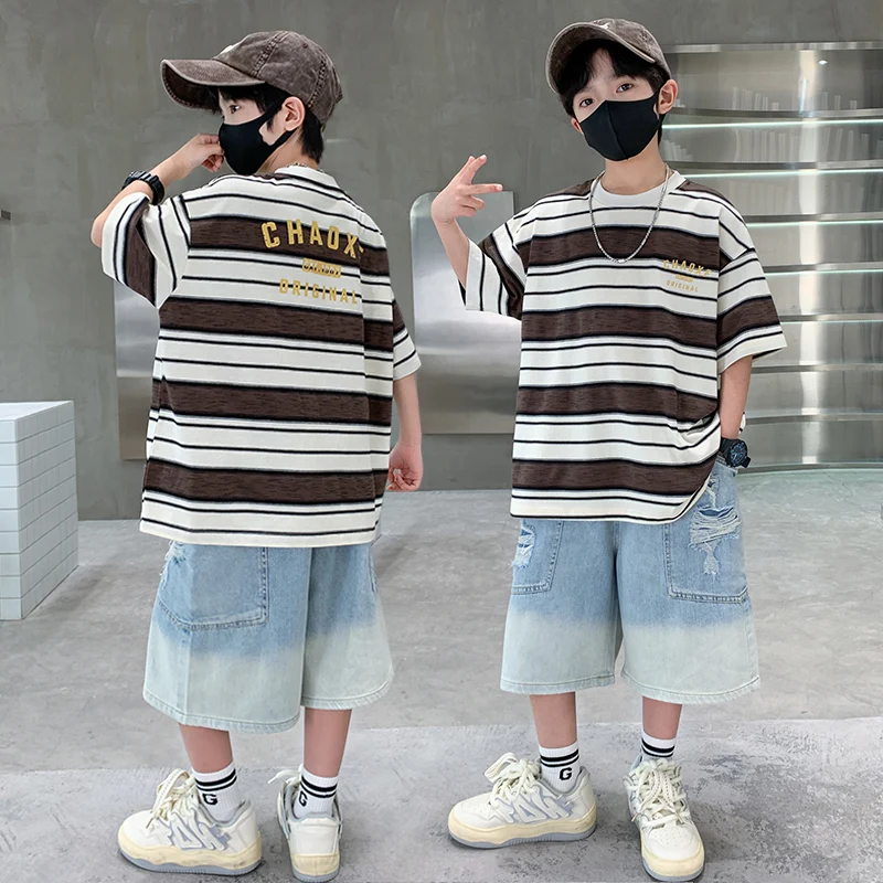 

Luxury Summer Suit for Boy Short Sleeve Striped T-shirt + Denim Shorts 2 Pieces Clothing Set Kids Children Cotton Top Bottom Set