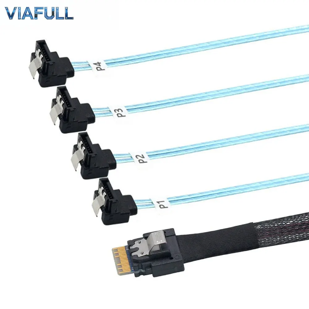 SlimSAS SFF-8654 4i to 4x SATA 7Pin 90 Degree Female Cable, PCIe SAS 4.0 Breakout Adapter, OFC Server HDD Data Cord 0.5M 1M