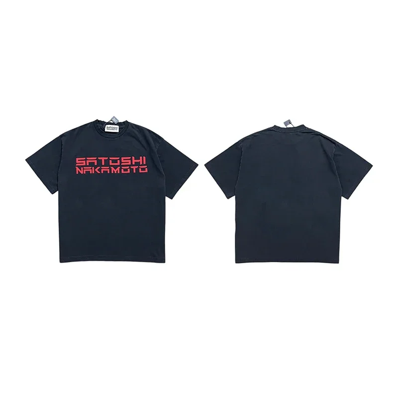 2026FW Satoshi Retro Washing Black New Cotton Tee O-Neck Printing Oversize Short Sleeve T-shirts Simple Men Women T