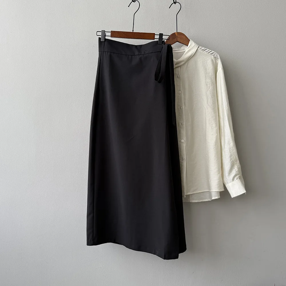 Demi-jupe de costume à nouer à la taille latérale pour femmes, sens du Design d'automne, jupe longue trapèze fendue à la taille haute