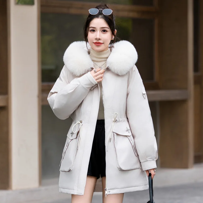 

Женские повседневные парки из искусственного меха, утолщенная хлопковая термокуртка-карго, модное пальто с капюшоном и завязкой на талии с воротником из искусственного меха