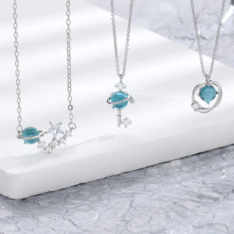 Blue Planet Meteor Shower Key Pendant Necklace Tiny Silver Color Clavicle Chain Collar for Women Friendship Jewelry