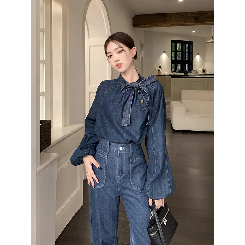 MEXZT Elegant Bow Denim Shirts Women Vintage Bandage Jeans Blouses Streetwear Korean Puff Long Sleeve Casual All Match Tops New