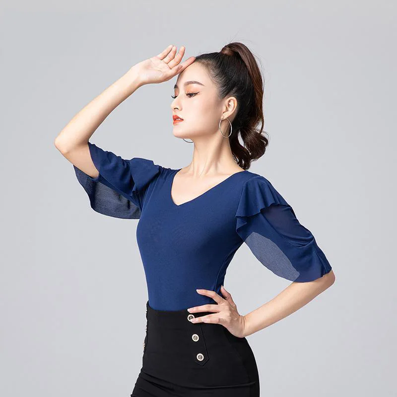 2023 NEW Adult Women Dance Top Lady Modern  Ballroom Costume Sexy V-neck Chiffon Dancewear 6 Colors