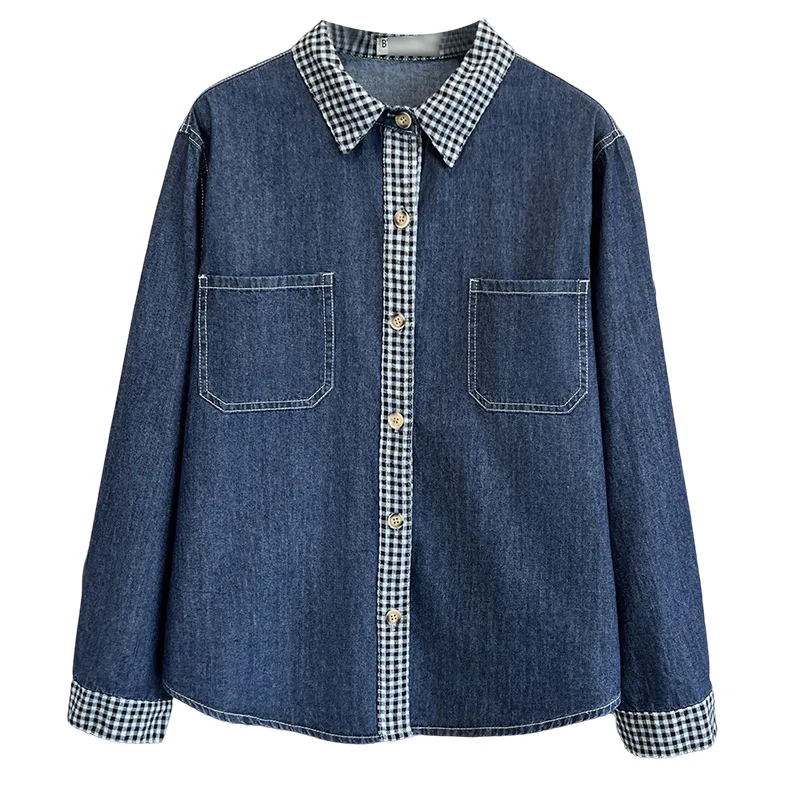 

Fashion Plus Size Women's Blouses 2025 Autumn New Style Elegant Plaid Patchwork Denim Long Sleeved Shirt 976