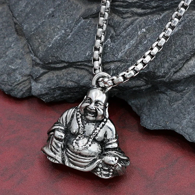 Laughing Buddha Pendant Necklace for Men Stainless Steel Maitreya Vintage Religious Statement Jewelry