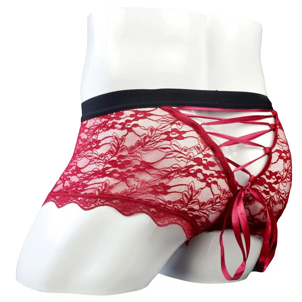 

Men's Erotic Panties Sissy Sexy Lace Floral Back Strap Tie Lace Up Transparent Mesh Breathable Low Rise Bulge Pouch Boxer Shorts
