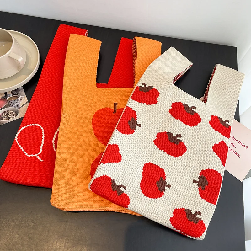 1pcs Handmade Knit Handbag Women Mini Knot Wrist Bag Japanese Casual Color Tote Bag Student Reusable Shopping Bags 20x35cm