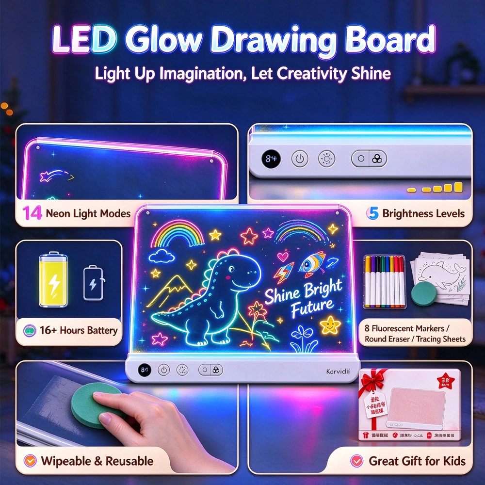 LED Light-Up Drawing Board, Rechargeable Neon Doodle Board, 18 Lighting Modes, 5 Brightness Levels, Includes Fluorescent Markers